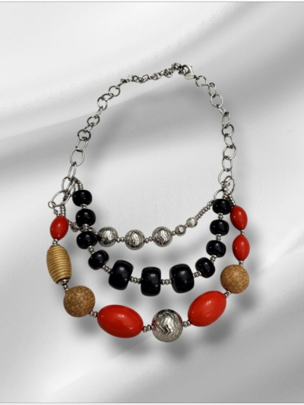 VINTAGE Chico's Red, Black & Tan Layered Bead Statement Necklace